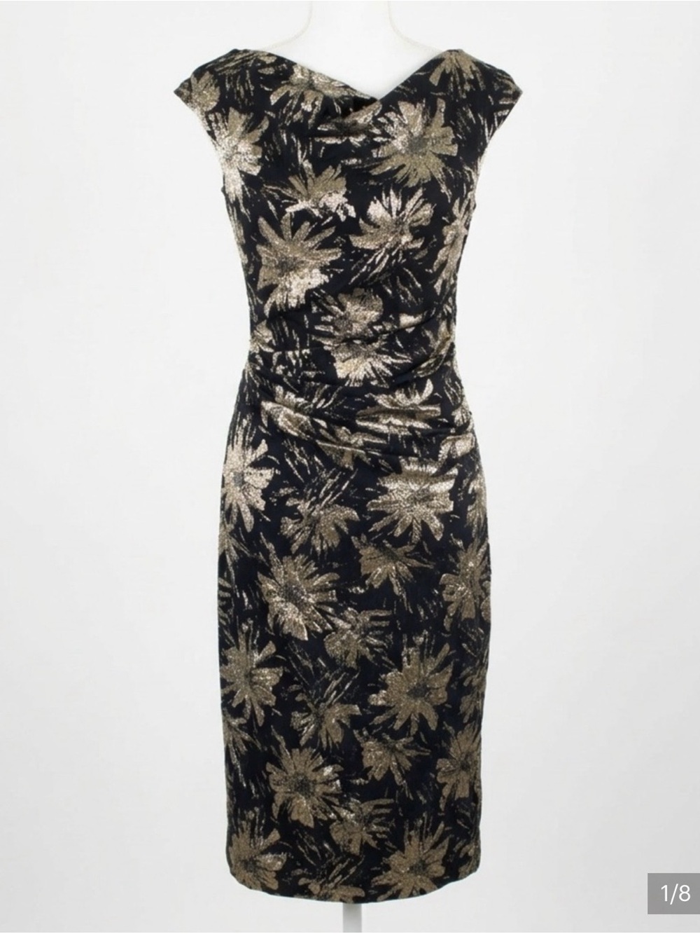 Teri Jon by Rickie Freeman Metallic Gold Jacquard Floral Sheath Dress